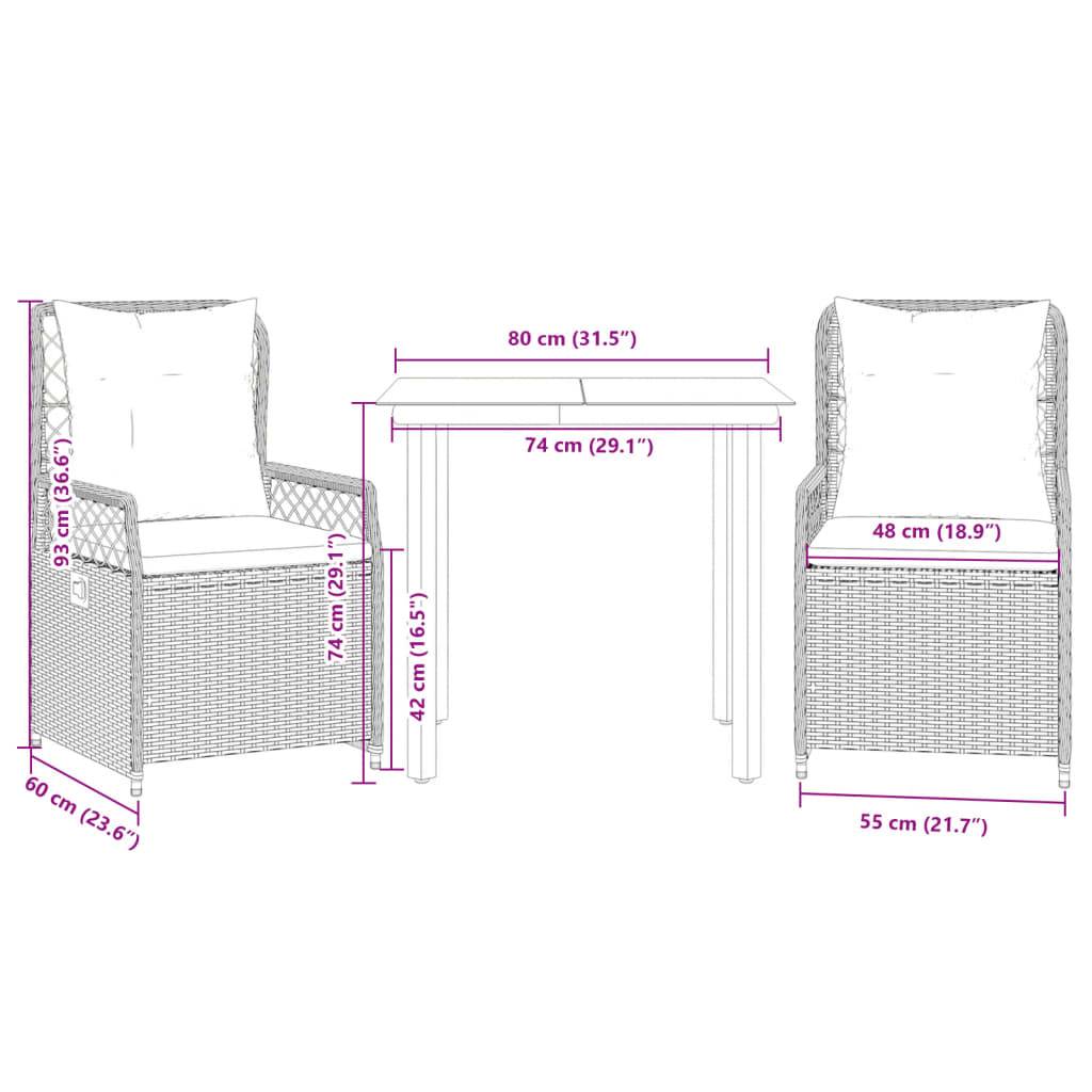 vidaXL 3-tlg. Garten-Essgruppe mit Kissen Hellgrau Poly Rattan