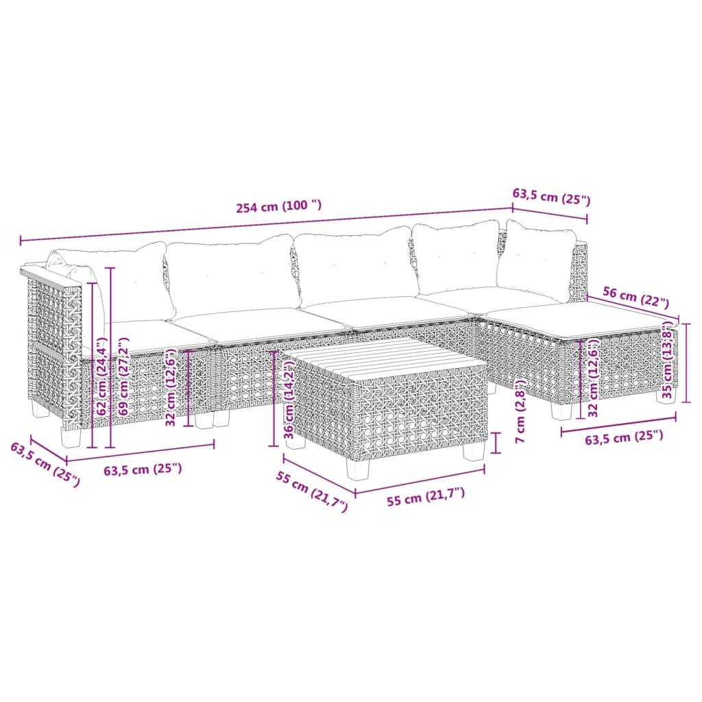 vidaXL 6-tlg. Garten-Sofagarnitur mit Kissen Schwarz Poly Rattan