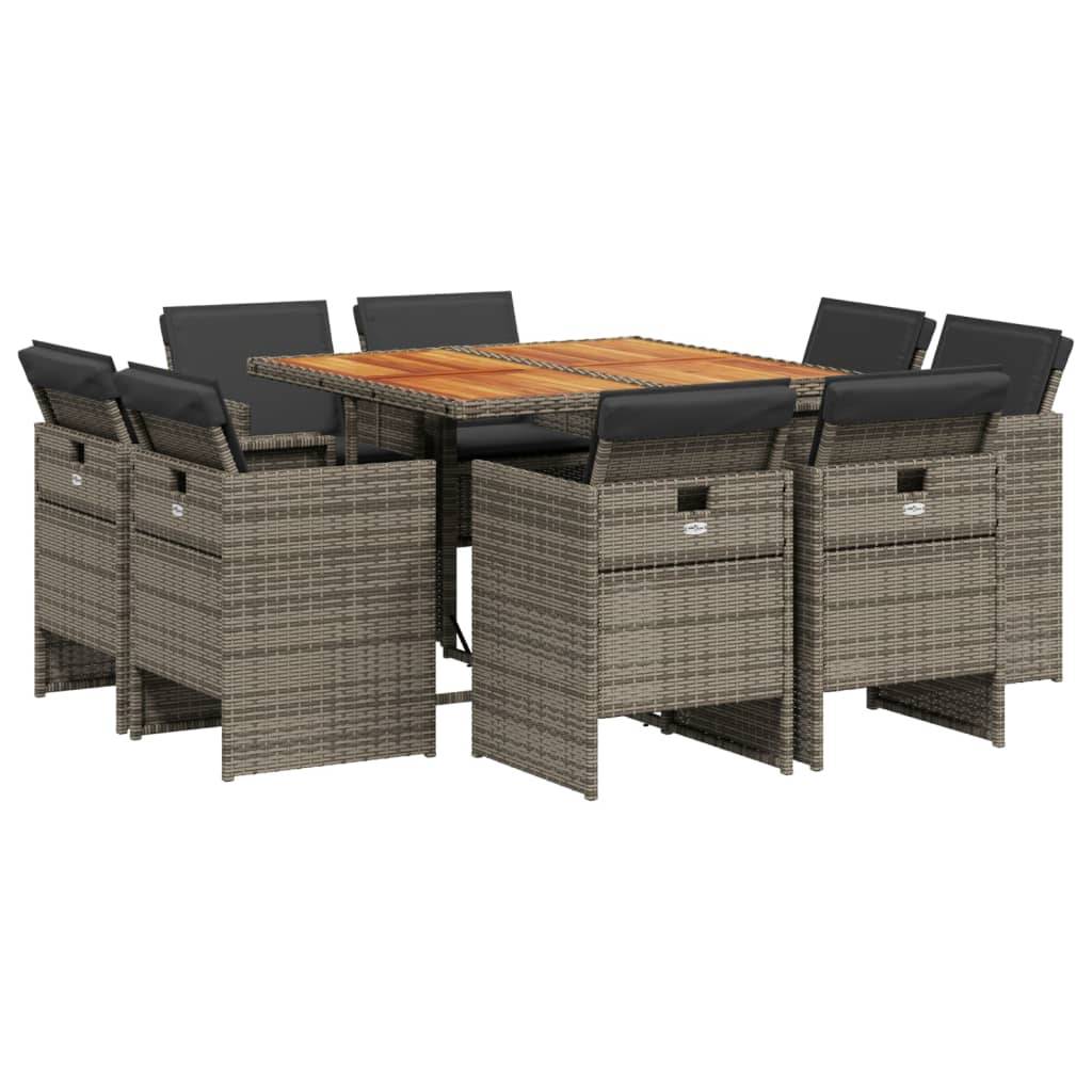 vidaXL 9-tlg. Garten-Essgruppe mit Kissen Grau Poly Rattan
