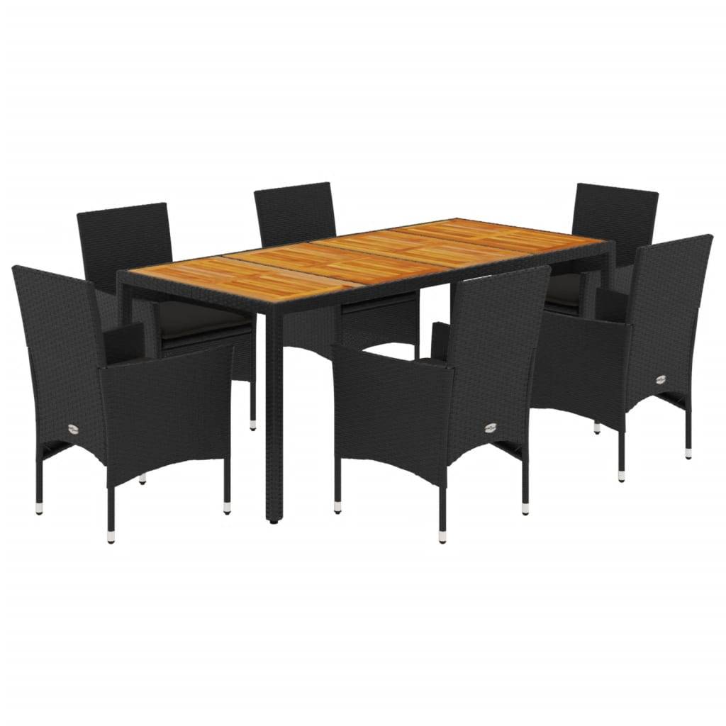 vidaXL 7-tlg. Garten-Essgruppe mit Kissen Schwarz Poly Rattan Akazie