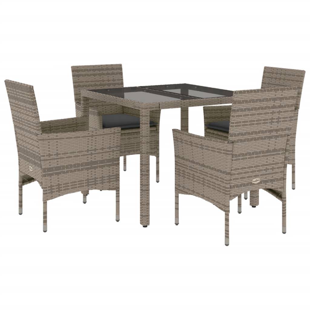 vidaXL 5-tlg. Garten-Essgruppe mit Kissen Grau Poly Rattan und Glas