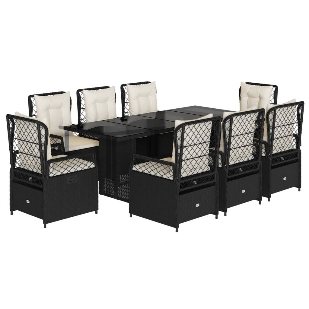 vidaXL 9-tlg. Garten-Essgruppe mit Kissen Schwarz Poly Rattan