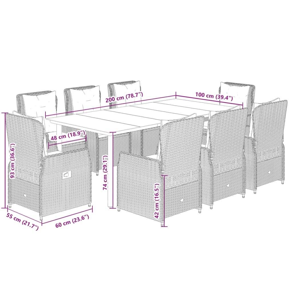 vidaXL 9-tlg. Garten-Essgruppe mit Kissen Braun Poly Rattan