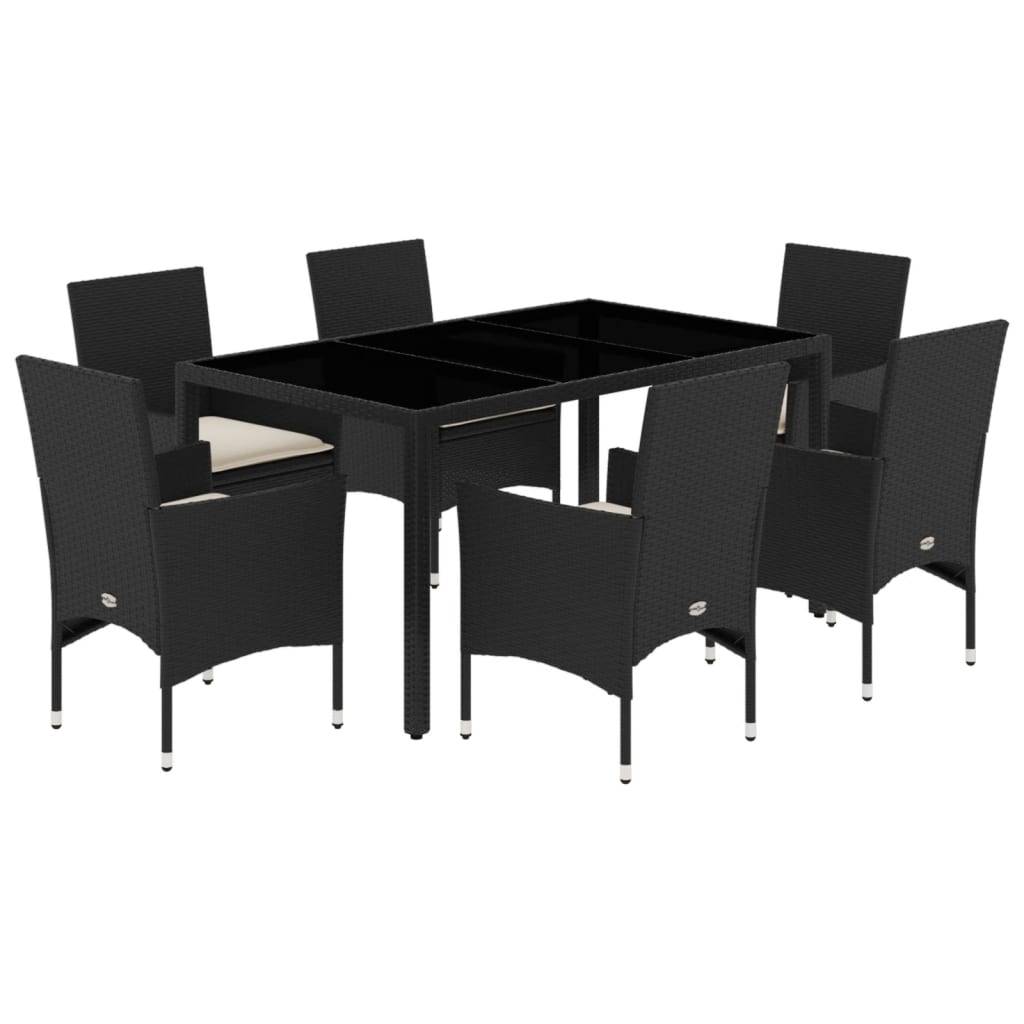 vidaXL 7-tlg. Garten-Essgruppe mit Kissen Schwarz Poly Rattan Glas