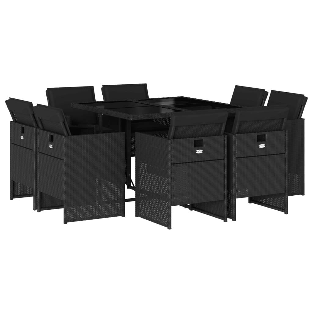 vidaXL 9-tlg. Garten-Essgruppe mit Kissen Schwarz Poly Rattan