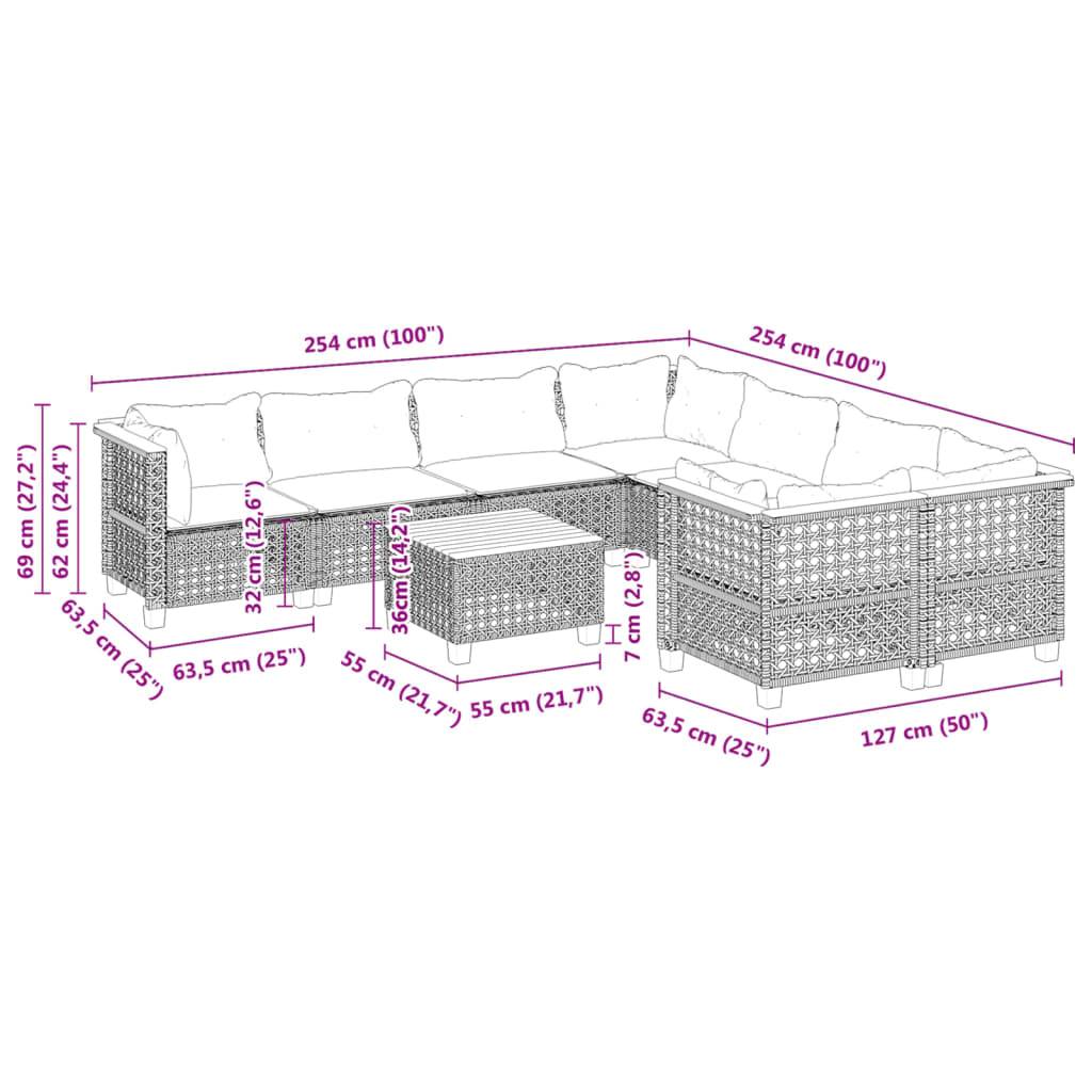 vidaXL 9-tlg. Garten-Sofagarnitur mit Kissen Grau Poly Rattan