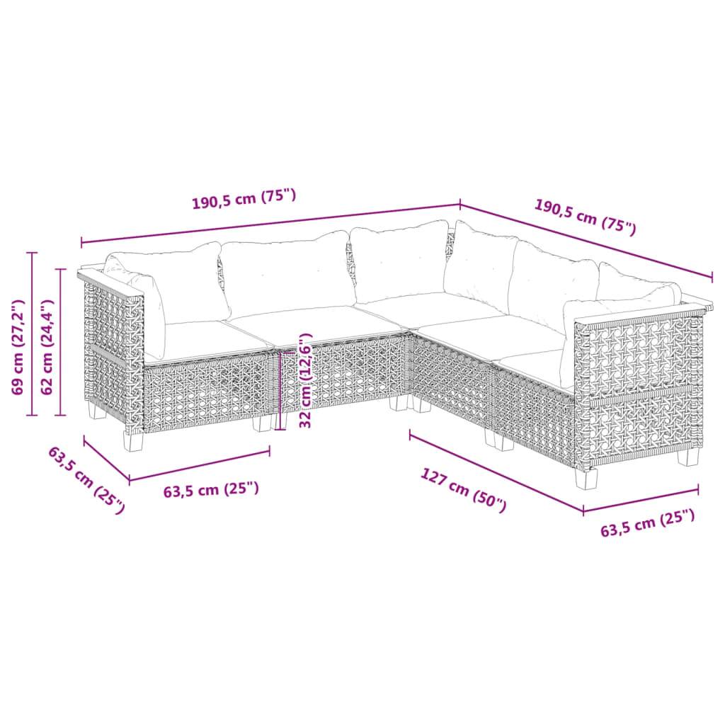 vidaXL 5-tlg. Garten-Sofagarnitur mit Kissen Grau Poly Rattan