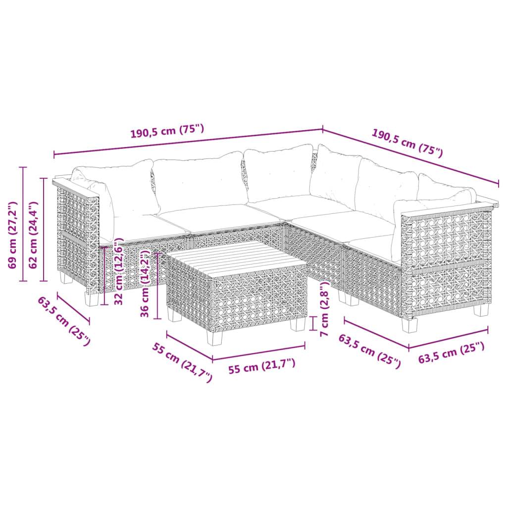 vidaXL 6-tlg. Garten-Sofagarnitur mit Kissen Grau Poly Rattan