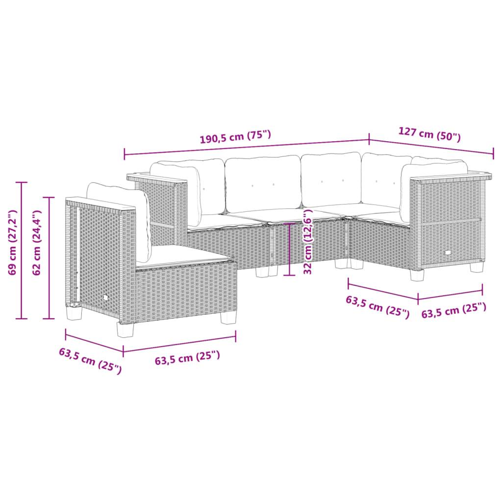 vidaXL 5-tlg. Garten-Sofagarnitur mit Kissen Schwarz Poly Rattan