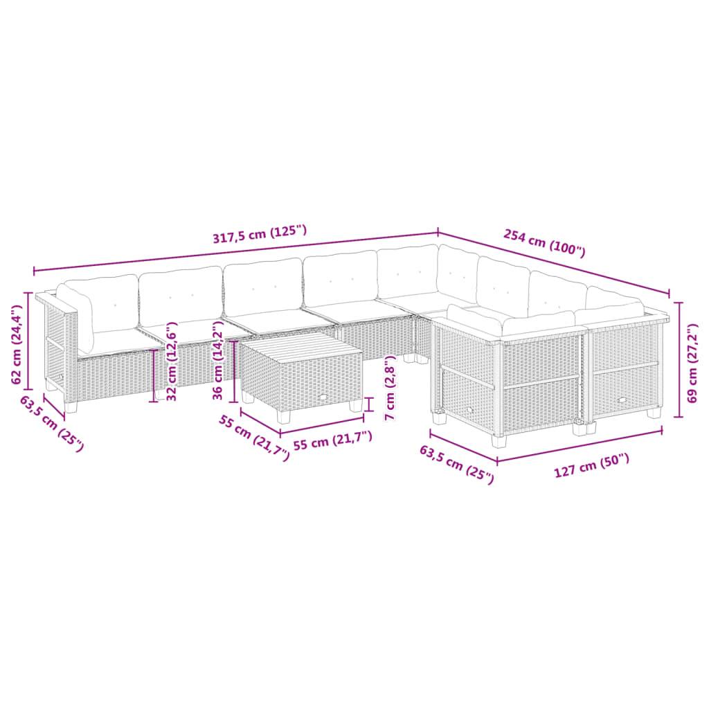 vidaXL 10-tlg. Garten-Sofagarnitur mit Kissen Schwarz Poly Rattan