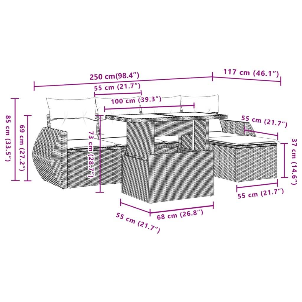 vidaXL 6-tlg. Garten-Sofagarnitur mit Kissen Grau Poly Rattan