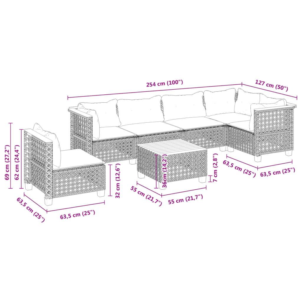 vidaXL 7-tlg. Garten-Sofagarnitur mit Kissen Schwarz Poly Rattan