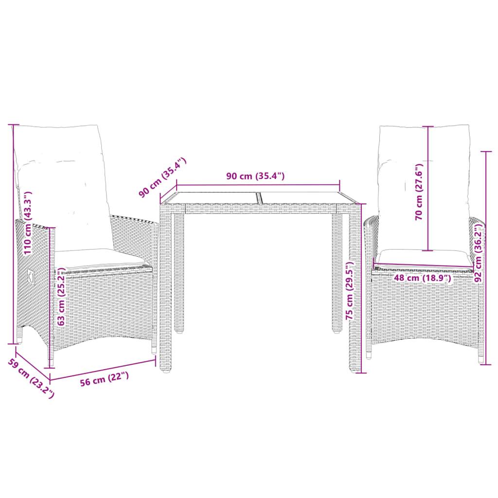 vidaXL 3-tlg. Bistro-Set mit Kissen Grau Poly Rattan