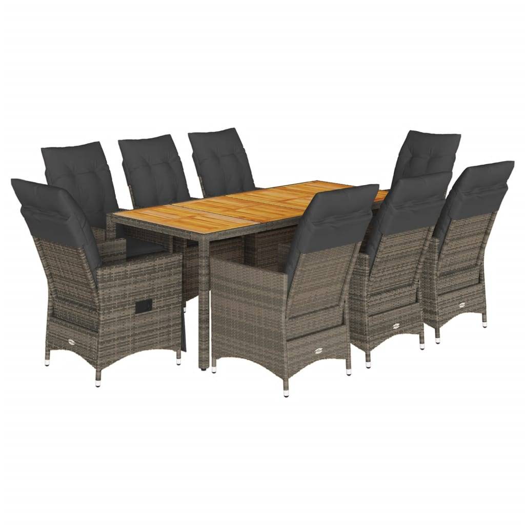 vidaXL 9-tlg. Garten-Essgruppe mit Kissen Grau Poly Rattan