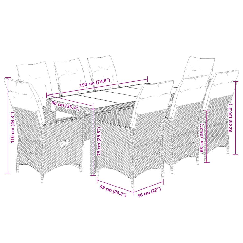 vidaXL 9-tlg. Garten-Essgruppe mit Kissen Grau Poly Rattan