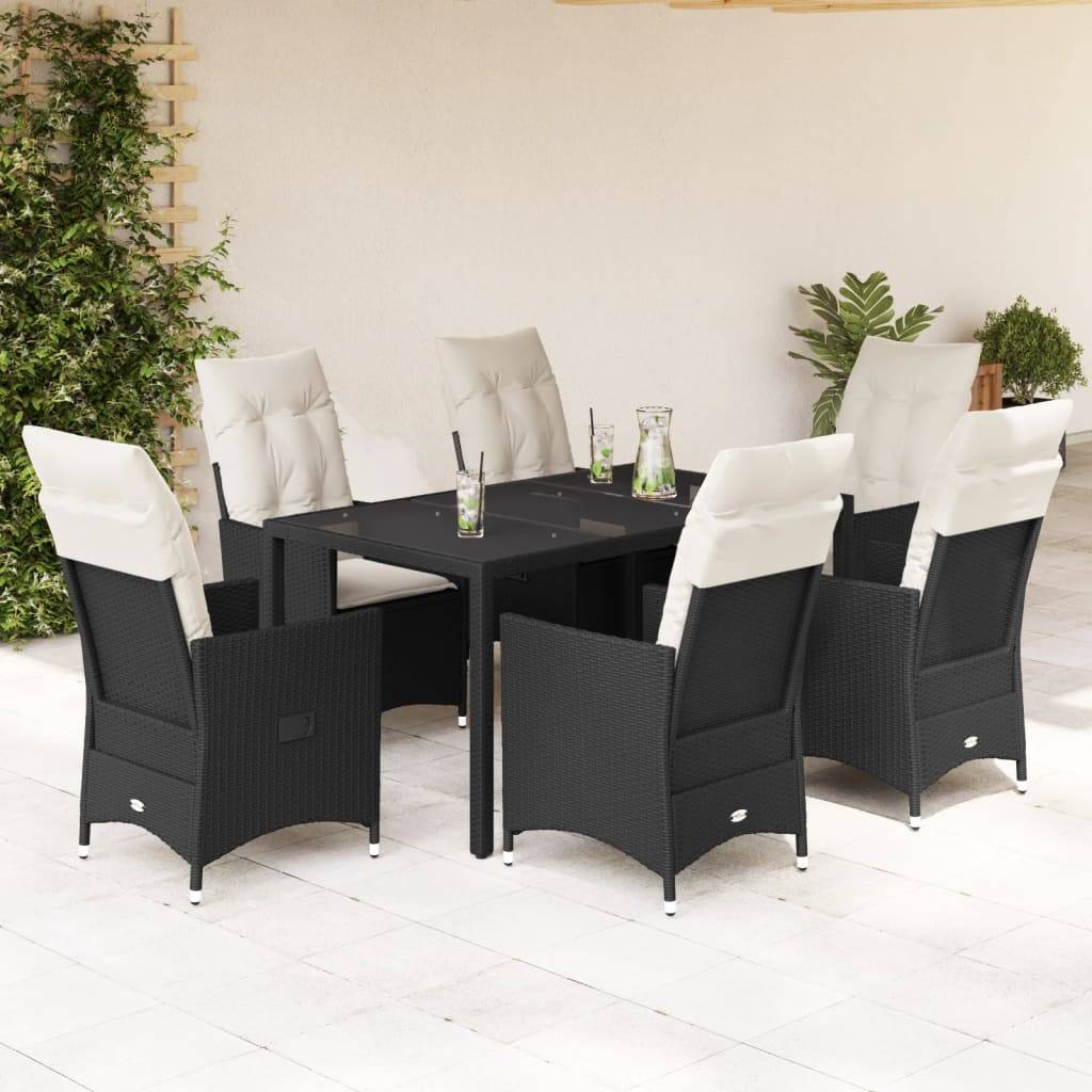 vidaXL 7-tlg. Garten-Essgruppe mit Kissen Schwarz Poly Rattan