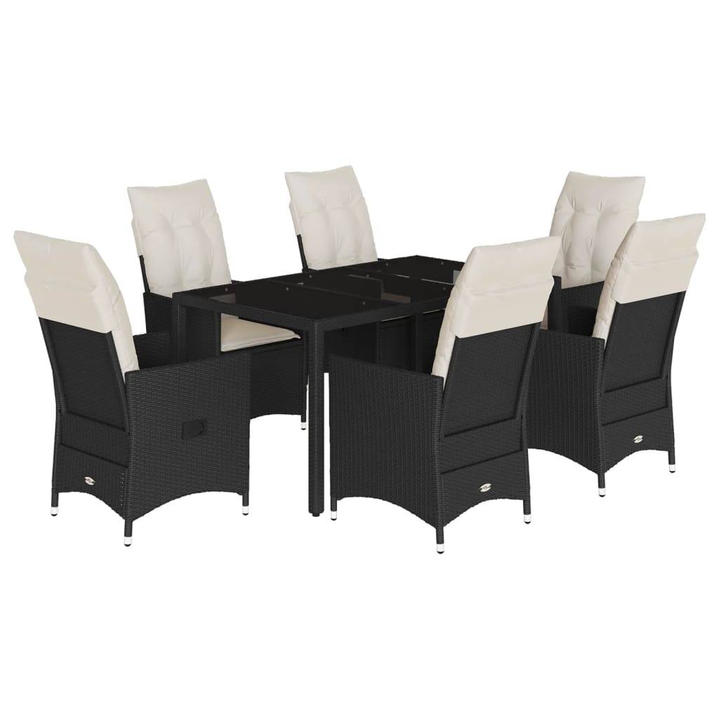 vidaXL 7-tlg. Garten-Essgruppe mit Kissen Schwarz Poly Rattan
