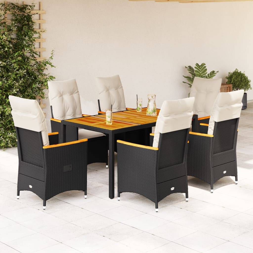 vidaXL 7-tlg. Garten-Essgruppe mit Kissen Schwarz Poly Rattan