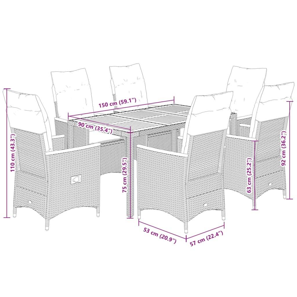 vidaXL 7-tlg. Garten-Essgruppe mit Kissen Schwarz Poly Rattan