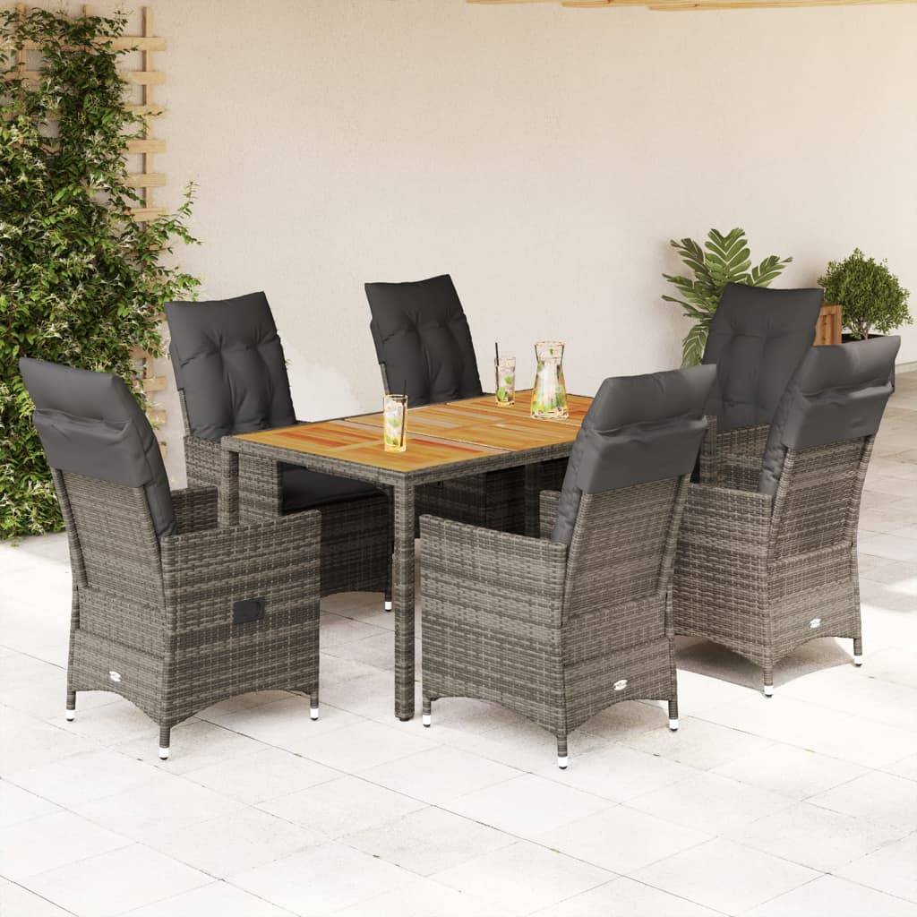vidaXL 7-tlg. Garten-Essgruppe mit Kissen Grau Poly Rattan