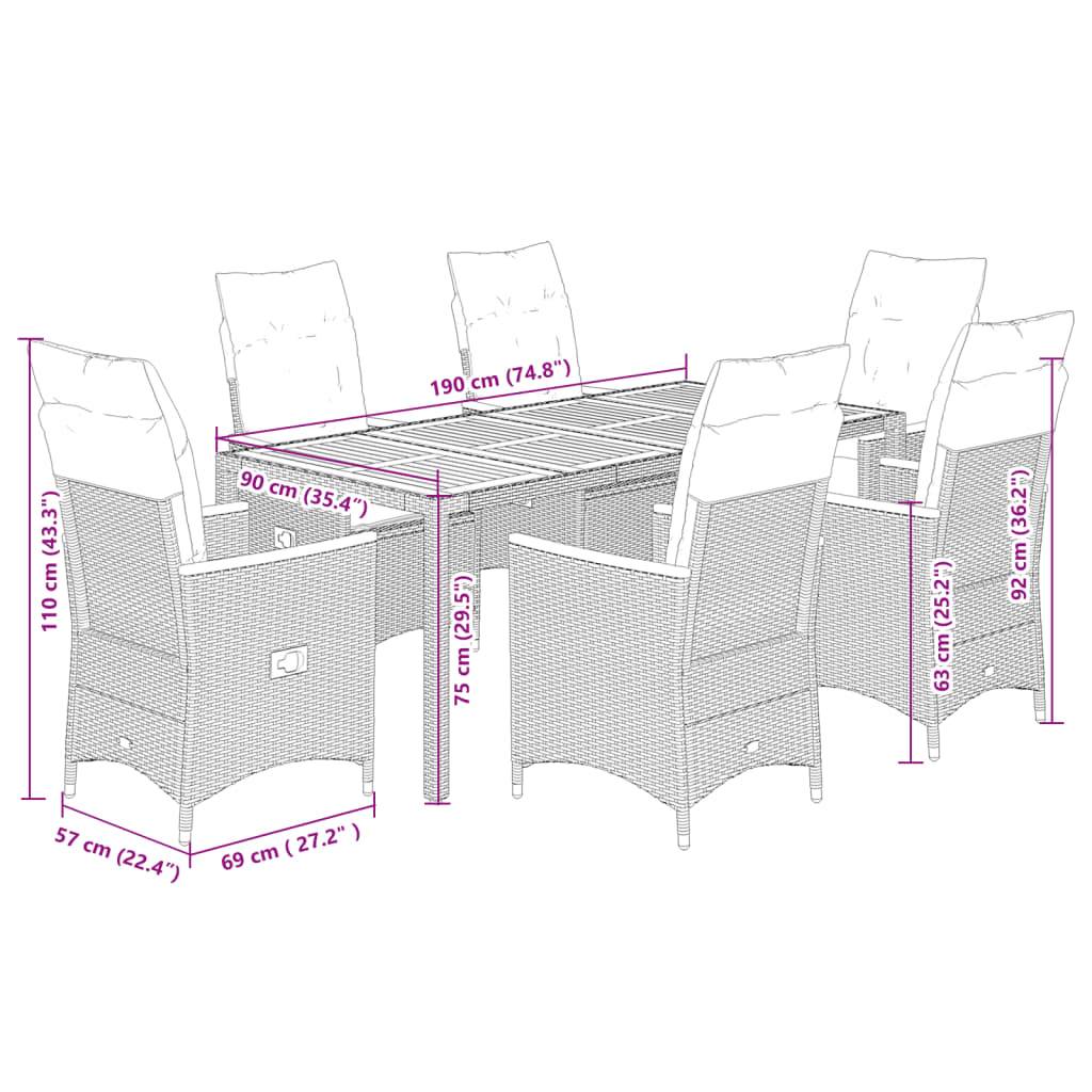 vidaXL 7-tlg. Garten-Essgruppe mit Kissen Grau Poly Rattan