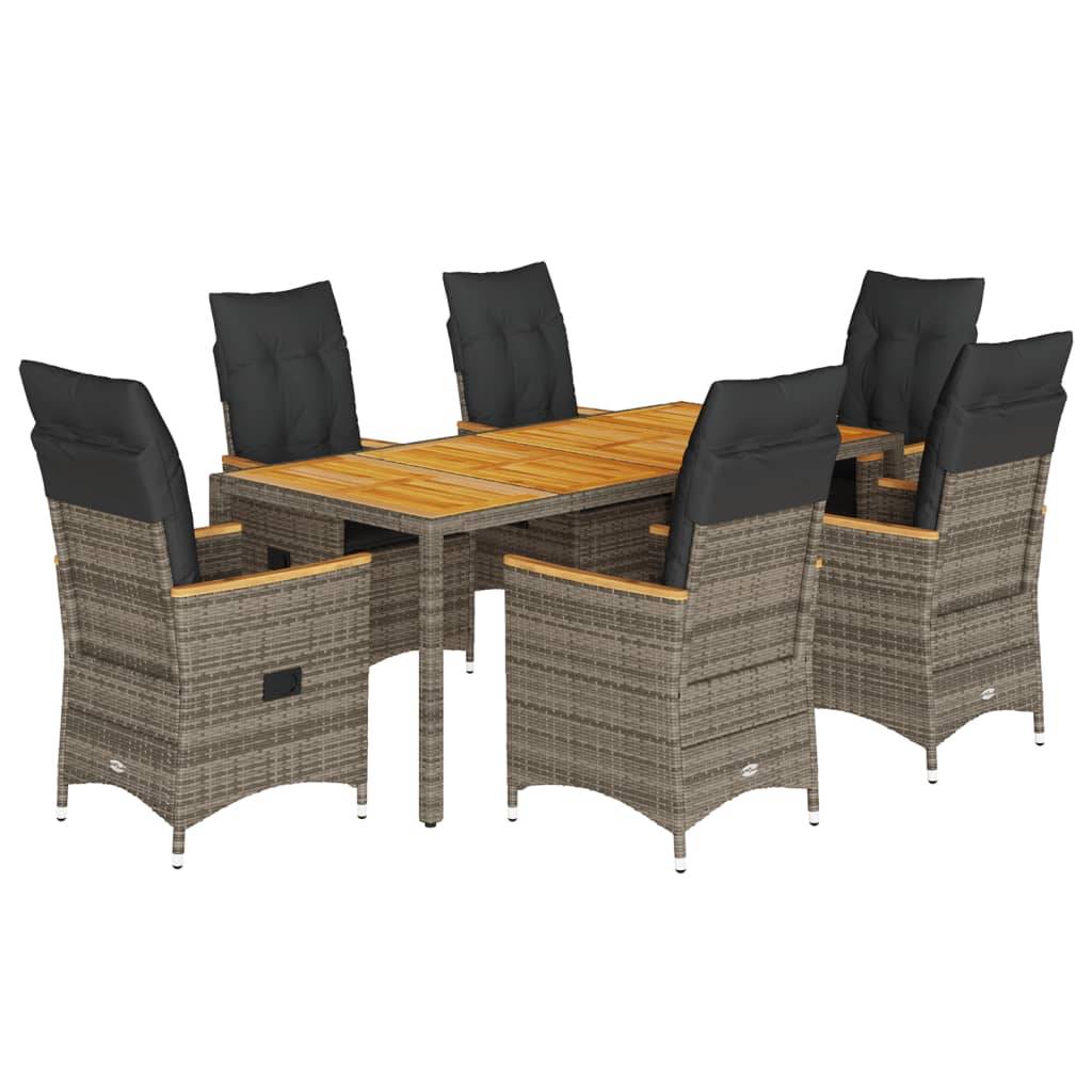 vidaXL 7-tlg. Garten-Essgruppe mit Kissen Grau Poly Rattan