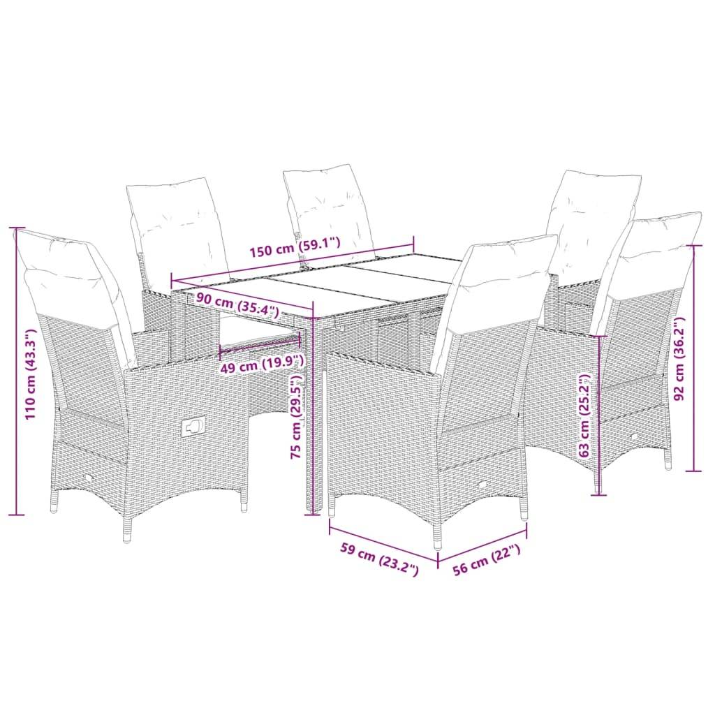 vidaXL 7-tlg. Garten-Essgruppe mit Kissen Braun Poly Rattan