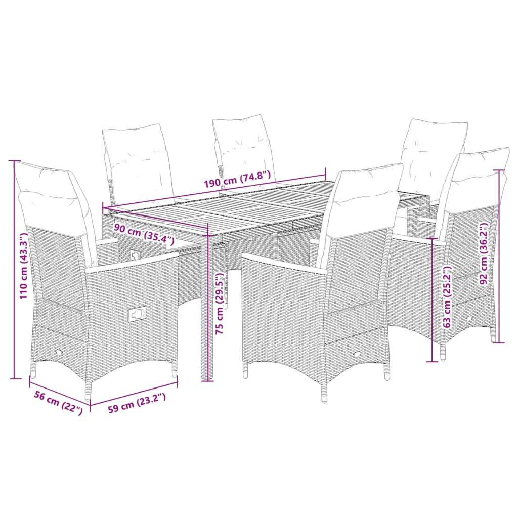 vidaXL 7-tlg. Garten-Essgruppe mit Kissen Schwarz Poly Rattan
