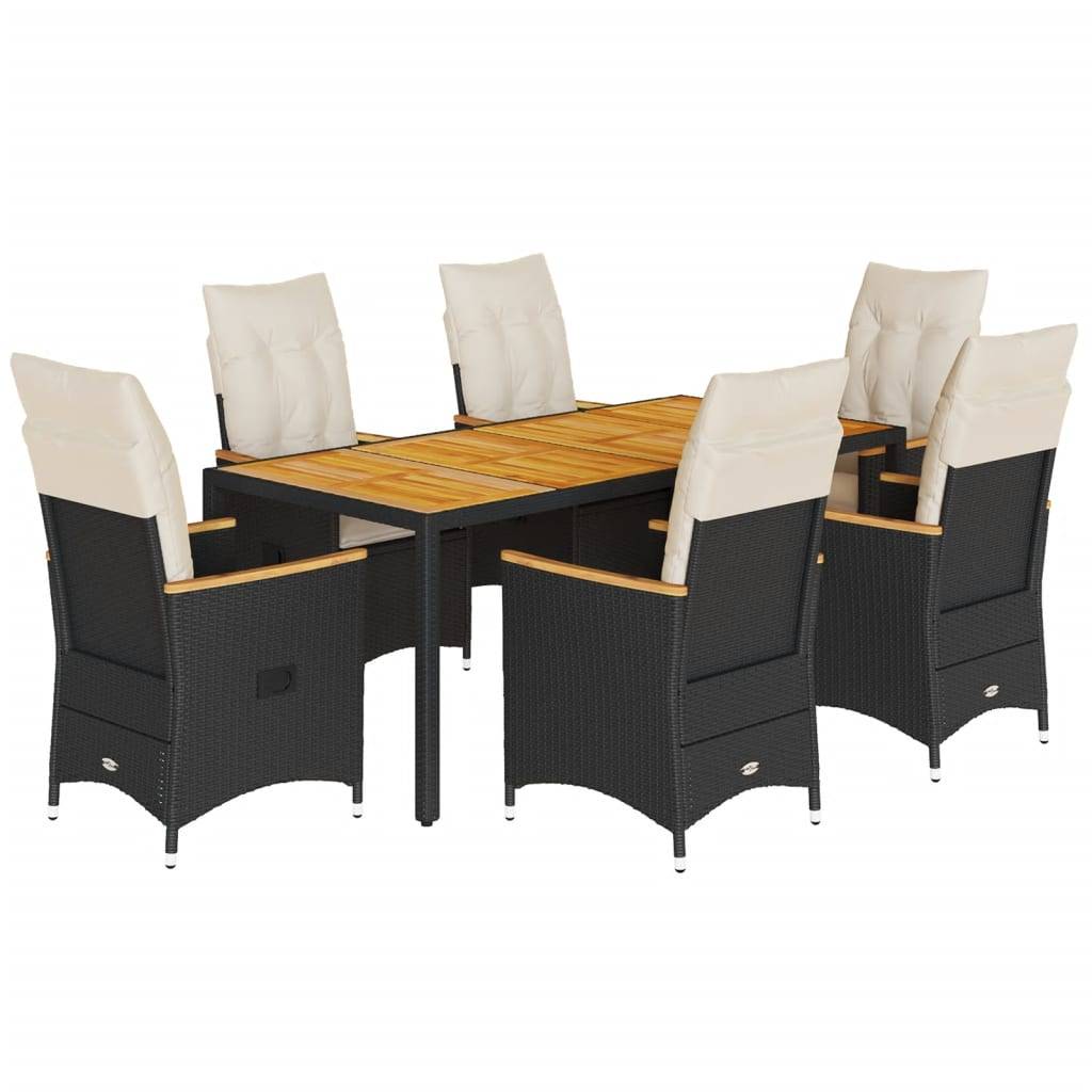vidaXL 7-tlg. Garten-Essgruppe mit Kissen Schwarz Poly Rattan