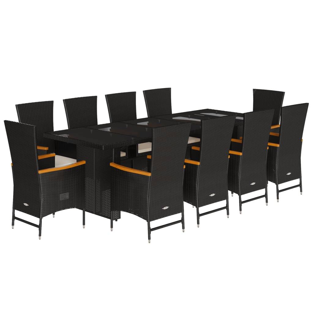 vidaXL 11-tlg. Garten-Essgruppe mit Kissen Schwarz Poly Rattan