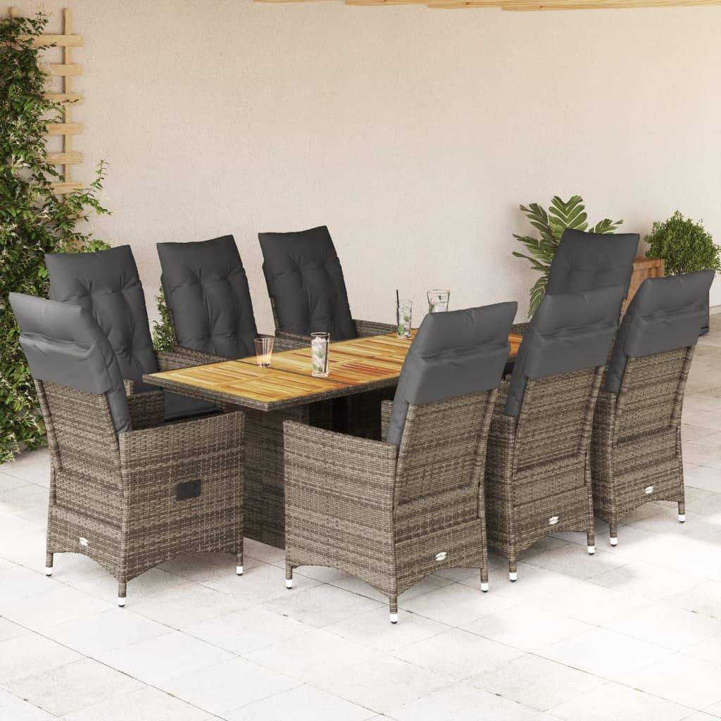 vidaXL 9-tlg. Garten-Essgruppe mit Kissen Grau Poly Rattan