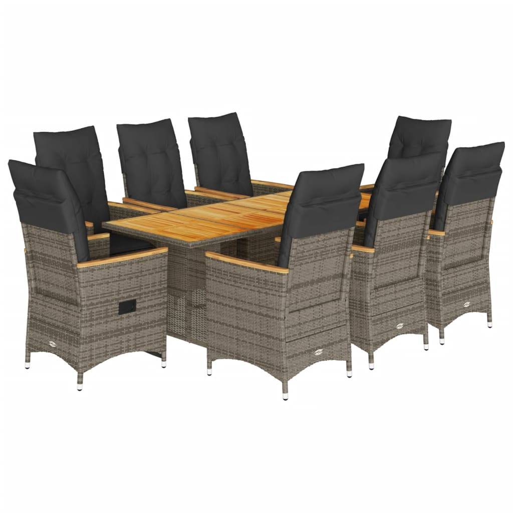 vidaXL 9-tlg. Garten-Essgruppe mit Kissen Grau Poly Rattan