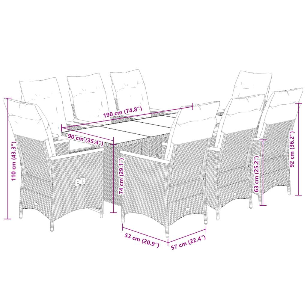 vidaXL 9-tlg. Garten-Essgruppe mit Kissen Grau Poly Rattan