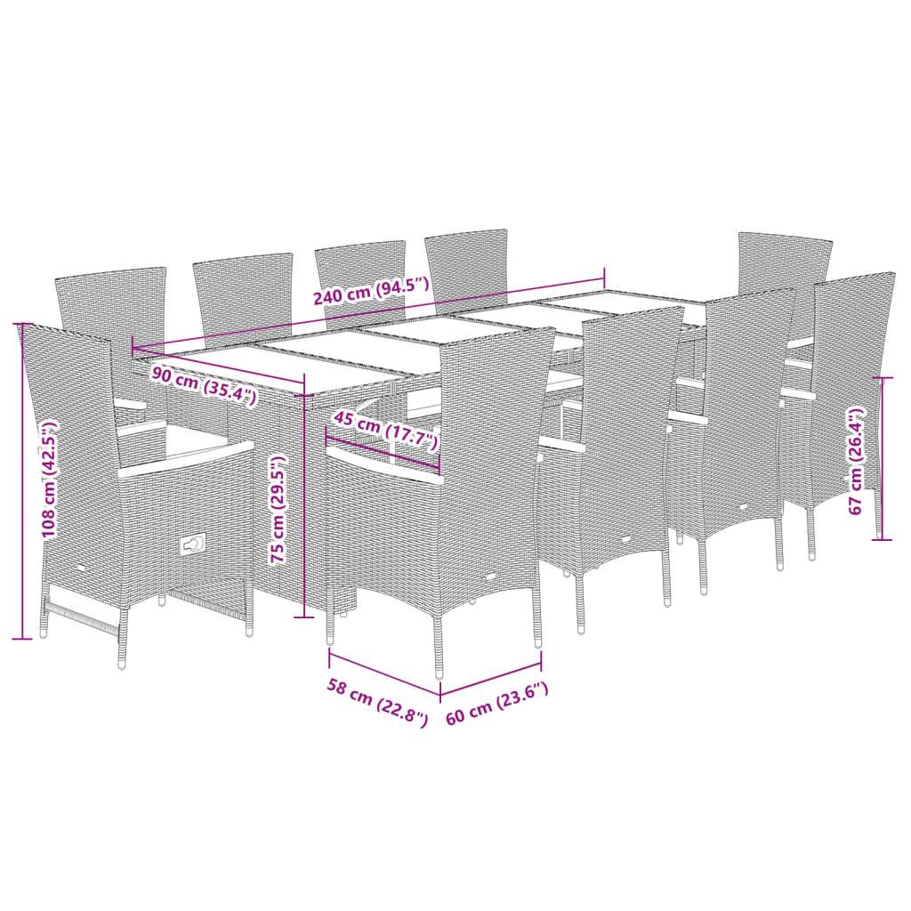 vidaXL 11-tlg. Garten-Essgruppe mit Kissen Grau Poly Rattan