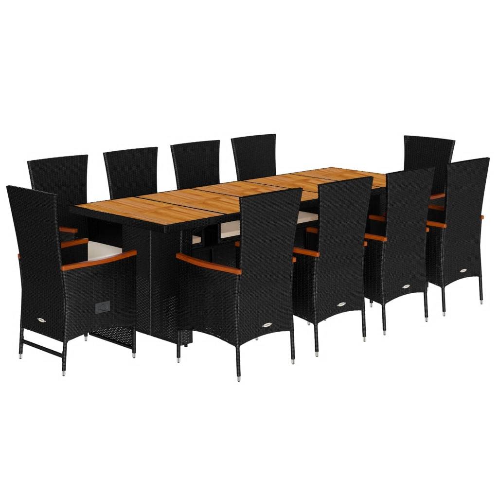 vidaXL 11-tlg. Garten-Essgruppe mit Kissen Schwarz Poly Rattan