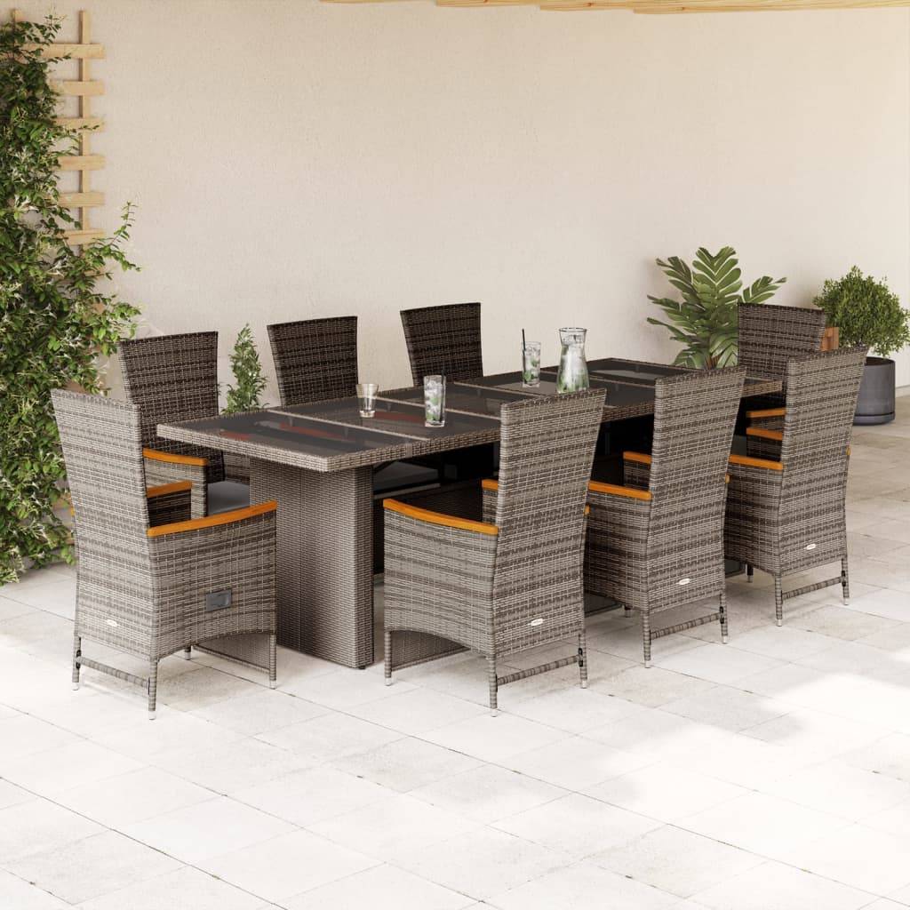 vidaXL 9-tlg. Garten-Essgruppe mit Kissen Grau Poly Rattan
