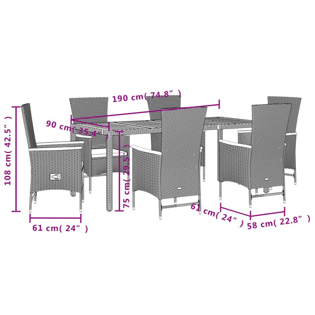 vidaXL 7-tlg. Garten-Essgruppe mit Kissen Schwarz Poly Rattan