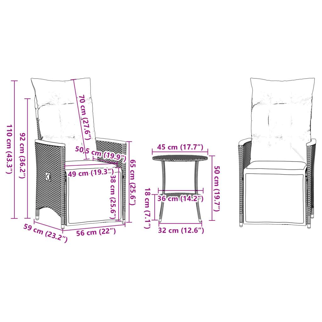 vidaXL 3-tlg. Bistro-Set mit Kissen Grau Poly Rattan