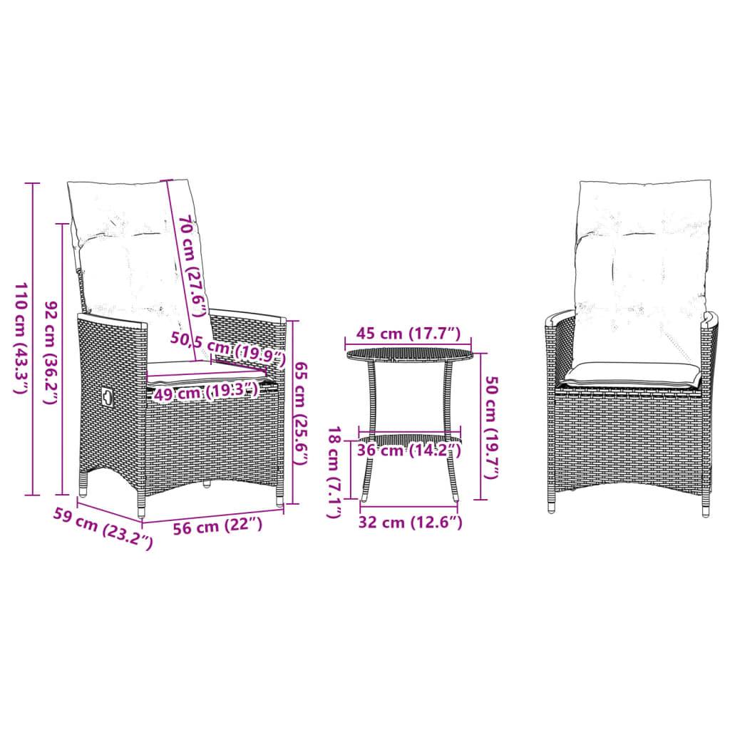 vidaXL 3-tlg. Bistro-Set mit Kissen Grau Poly Rattan