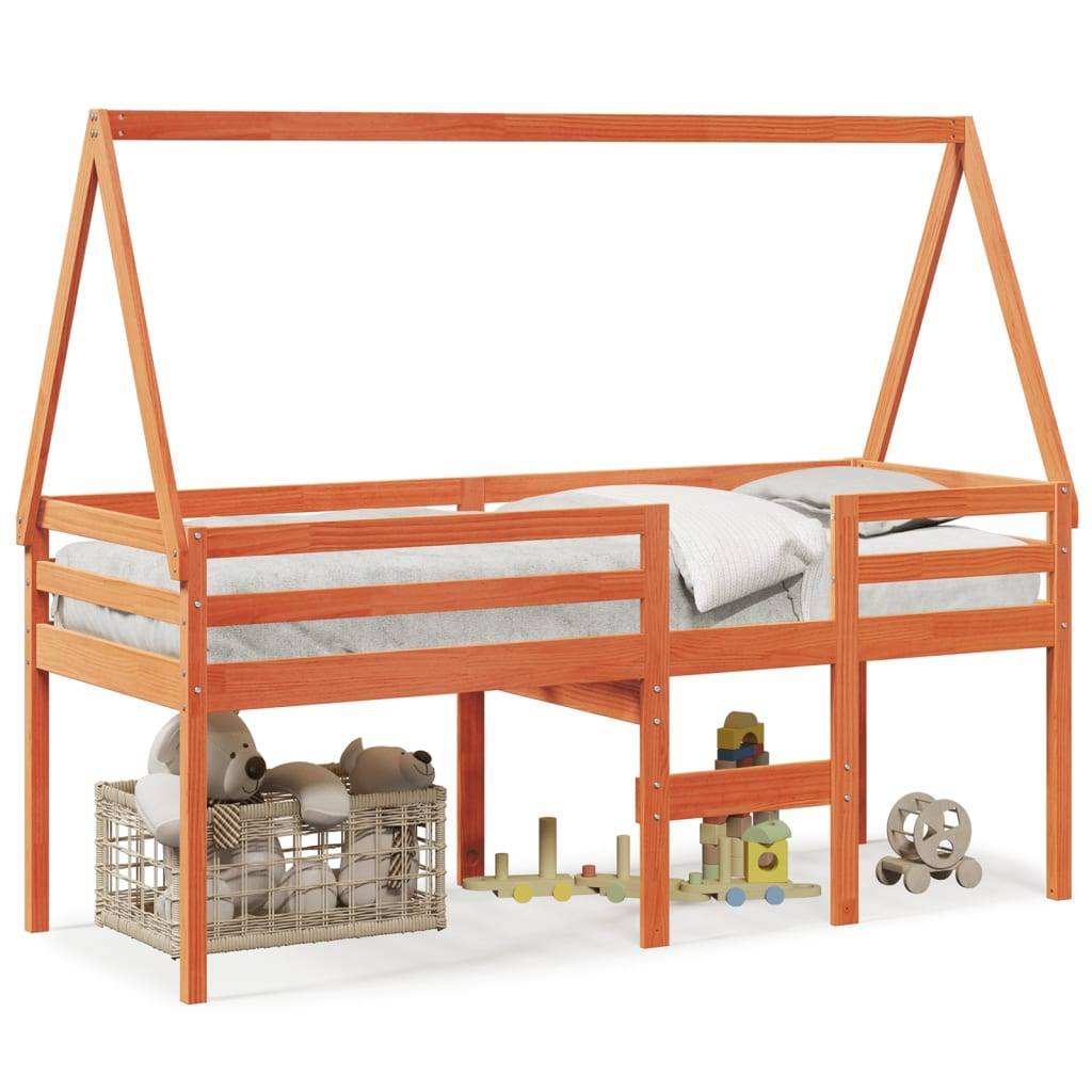 vidaXL Hochbett mit Dach Wachsbraun 90x200 cm Massivholz Kiefer
