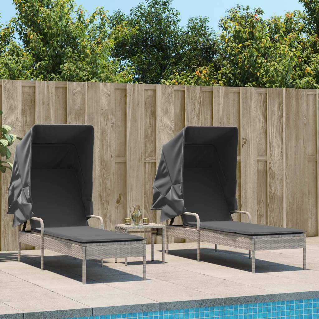 vidaXL Sonnenliegen 2 Stk. mit Dach und Tisch Hellgrau Poly Rattan