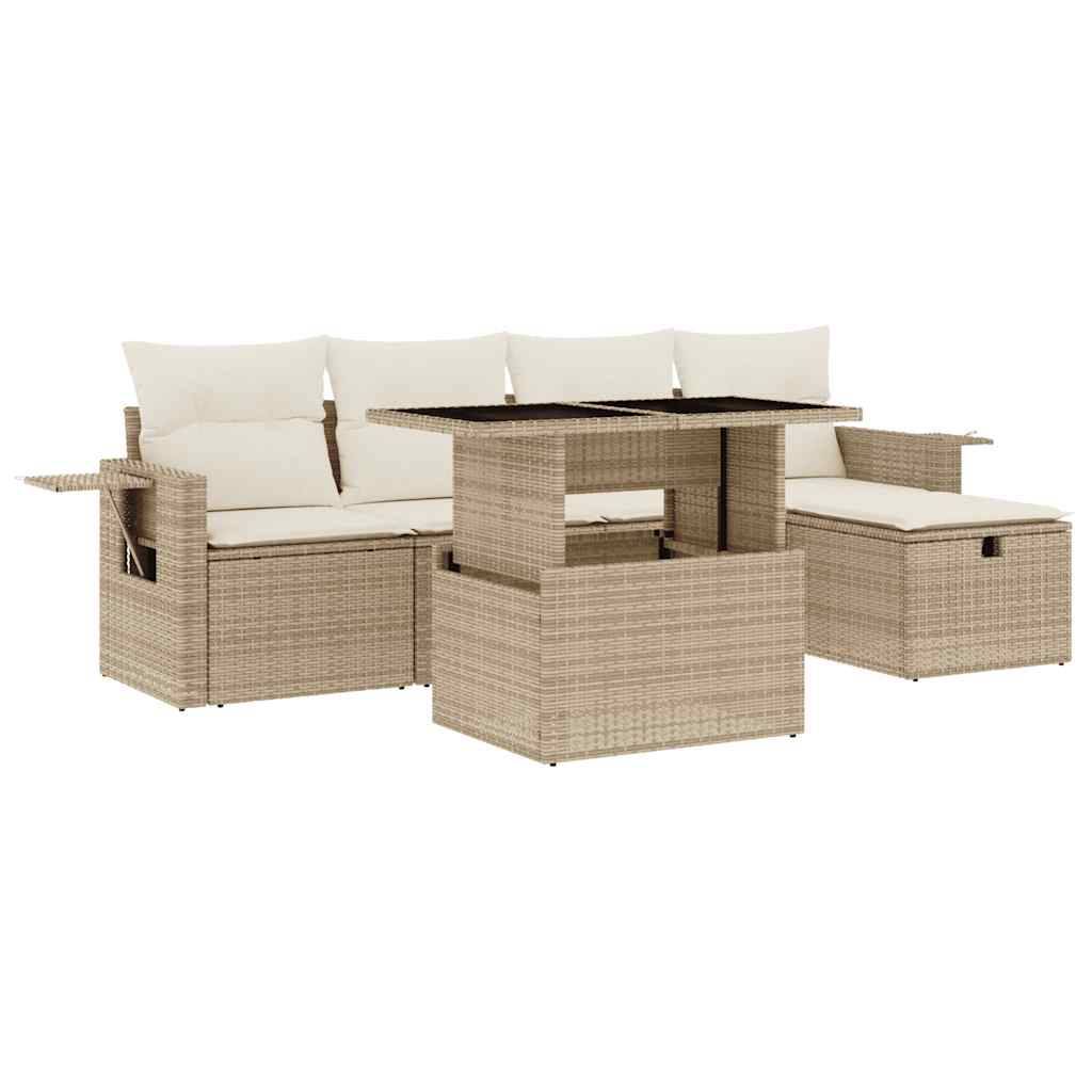 vidaXL 6-tlg. Garten-Sofagarnitur mit Kissen Beige Poly Rattan
