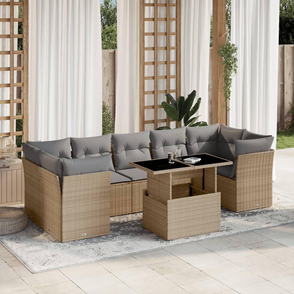 vidaXL 8-tlg. Garten-Sofagarnitur mit Kissen Beige Poly Rattan