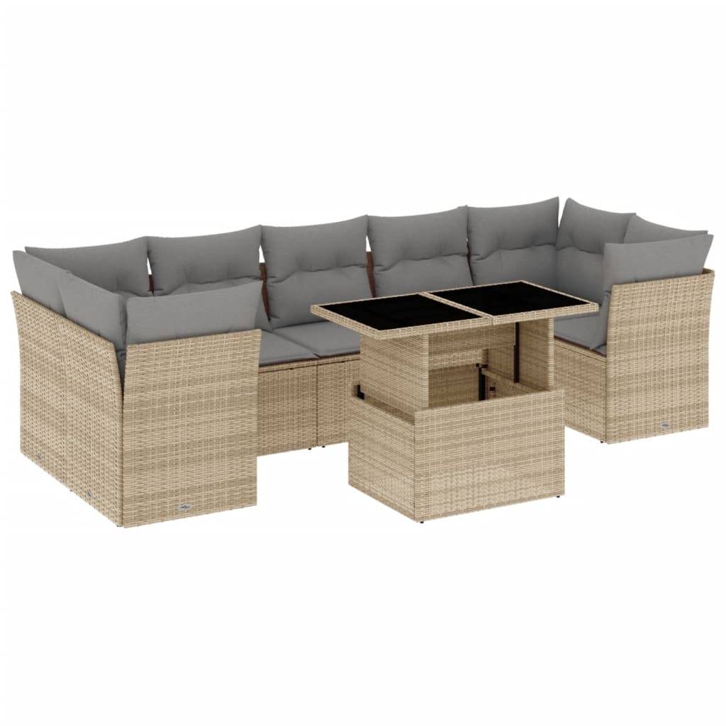 vidaXL 8-tlg. Garten-Sofagarnitur mit Kissen Beige Poly Rattan