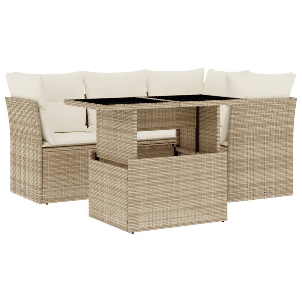 vidaXL 5-tlg. Garten-Sofagarnitur mit Kissen Beige Poly Rattan
