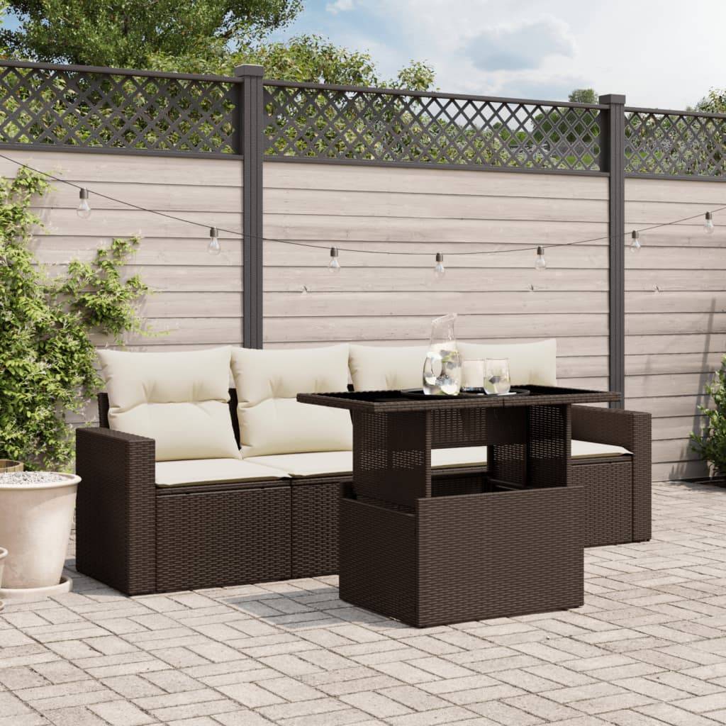 vidaXL 5-tlg. Garten-Sofagarnitur mit Kissen Braun Poly Rattan