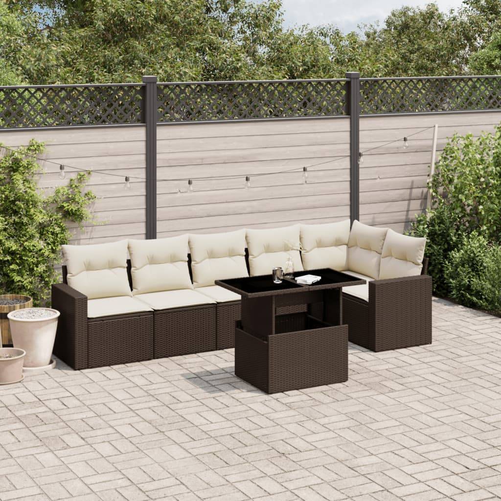vidaXL 7-tlg. Garten-Sofagarnitur mit Kissen Braun Poly Rattan