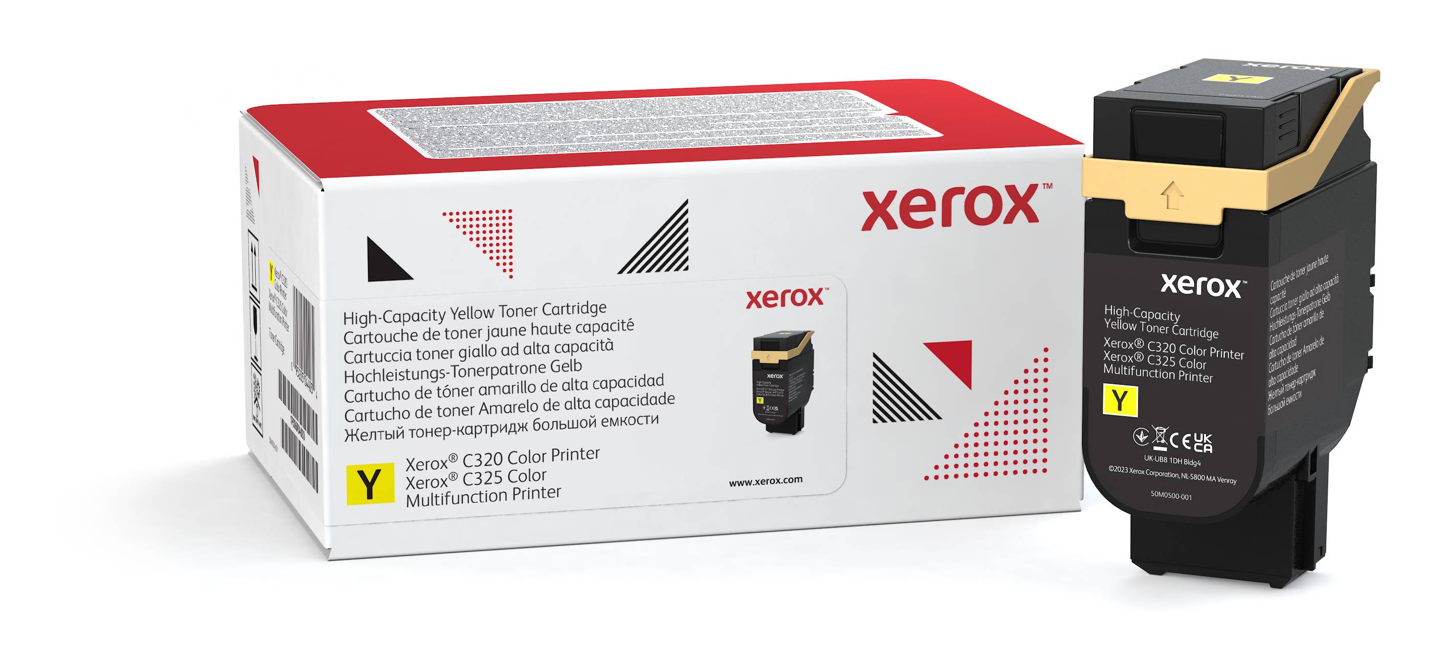 Xerox Toner-Cartridge mit hoher Kapazität in Gelb, abgebildet neben seiner Einzelhandelsverpackung, gekennzeichnet für C320 Color Printer und C325 Color Multifunction Printer.
