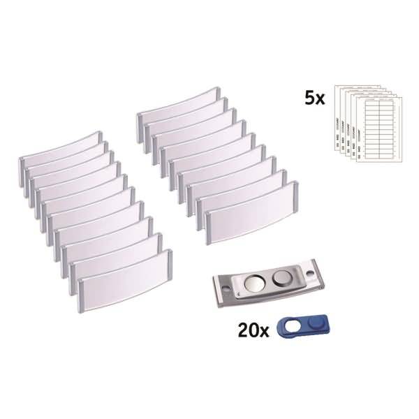 Produktteile-Illustration, die 20 gekrümmte silberne Teile, 5 Sätze von Dokumentblättern und 20 Metall-und-blaue Hardware-Clips auf weißem Hintergrund zeigt.