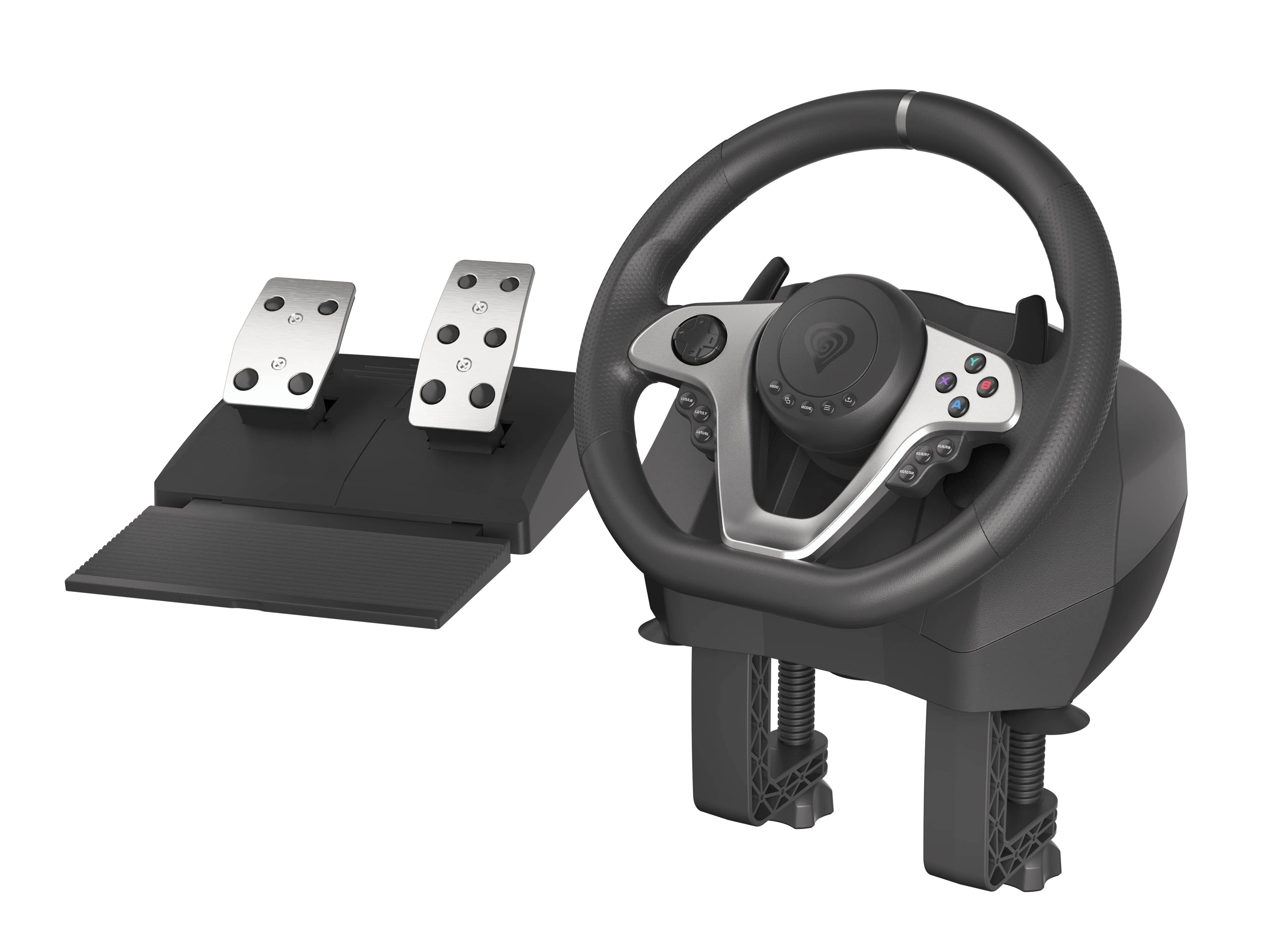 Ein schwarzes und silbernes Gaming-Lenkrad mit angeschlossenen Pedalen, entwickelt für ein realistisches Fahrerlebnis in Rennvideospielen.